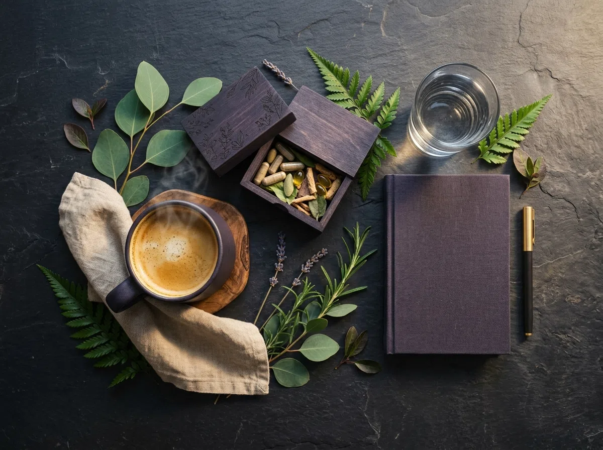 Healthy morning routine with warm drink, supplement and botanicals for everyday wellness
